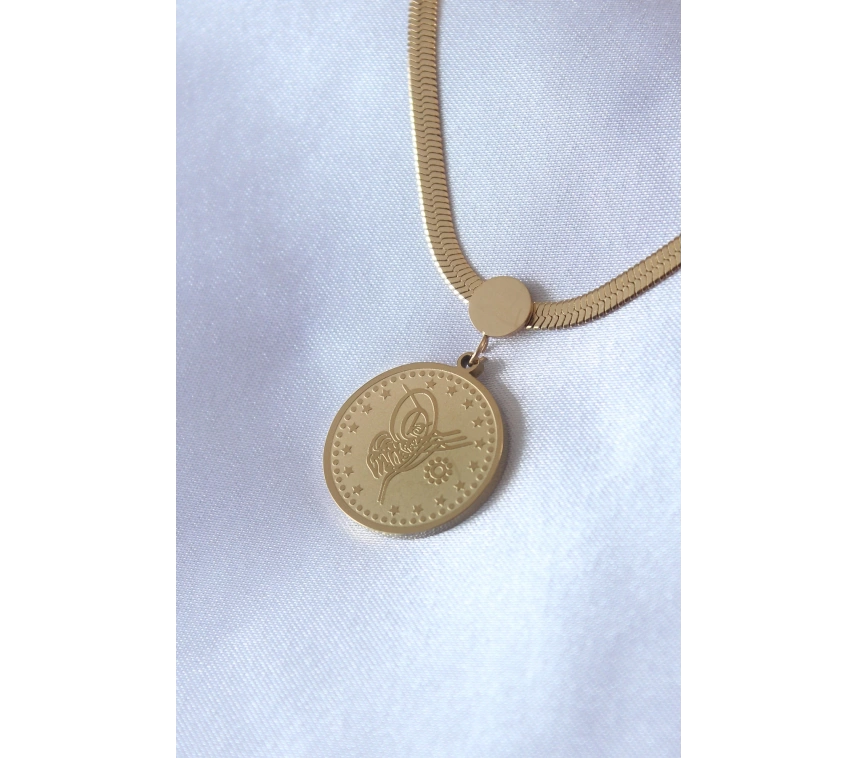 316L Çelik Gold Renk İtalyan Zincir Model Osmanlı Tuğra Model Kadın Kolye