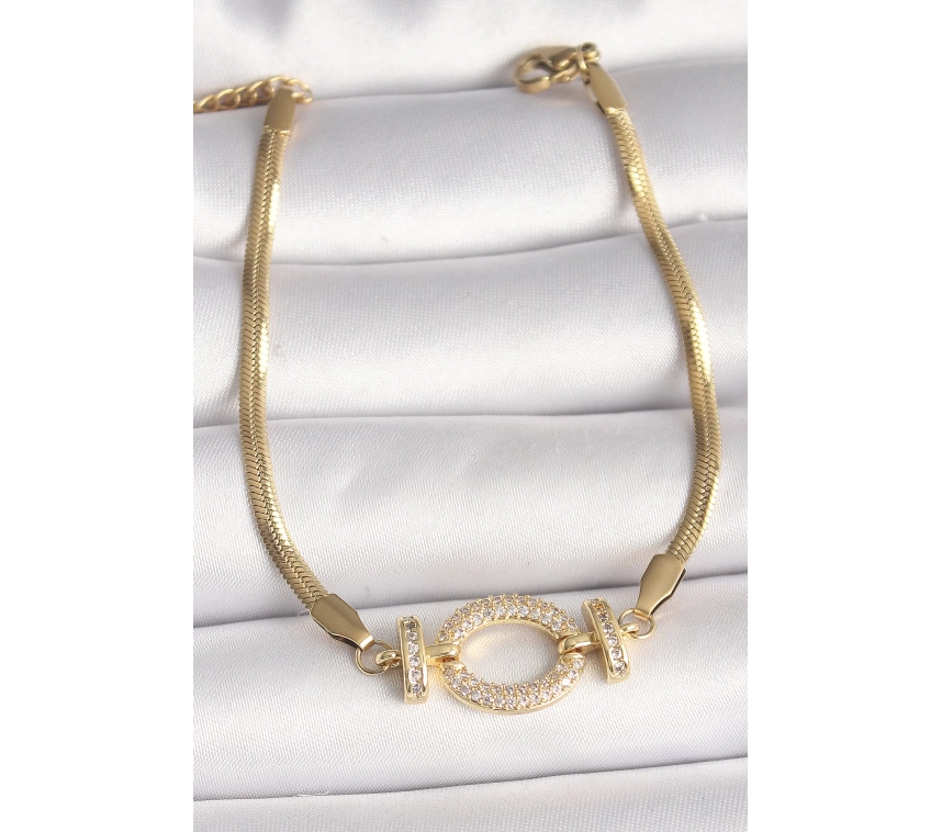 316L Çelik Gold Renk italyan Zincir Model Zirkon Taşlı Halka Figür Kadın Bileklik