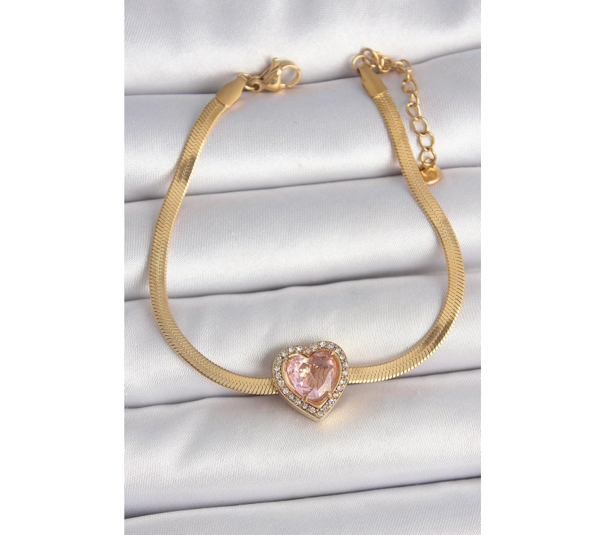 316L Çelik Gold Renk İtalyan Zincir Pembe Zirkon Taşlı Kalp Model Kadın Bileklik