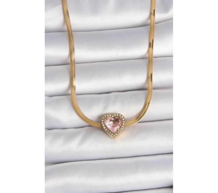 316L Çelik Gold Renk İtalyan Zincir Pembe Zirkon Taşlı Kalp Model Kadın Kolye