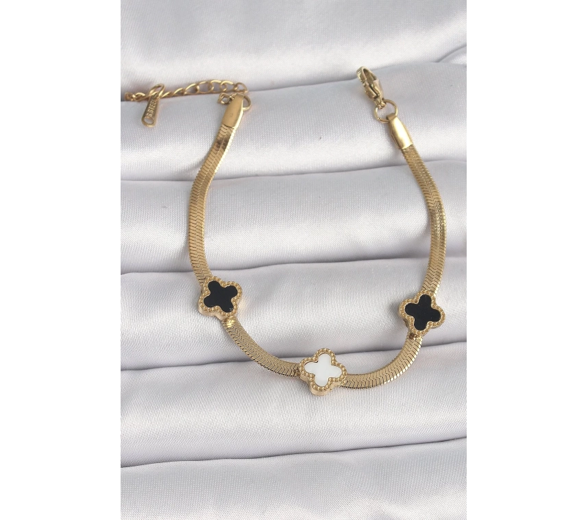 316L Çelik Gold Renk İtalyan Zincir Siyah Beyaz Yonca Model Kadın Bileklik