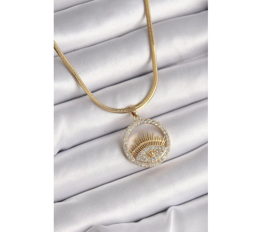316L Çelik Gold Renk İtalyan Zincir Zirkon Taşlı Göz Model Kadın Kolye