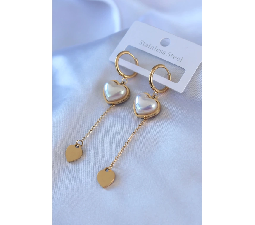 316L Çelik Gold Renk Kare İncili Sallantı Model Kadın Küpe