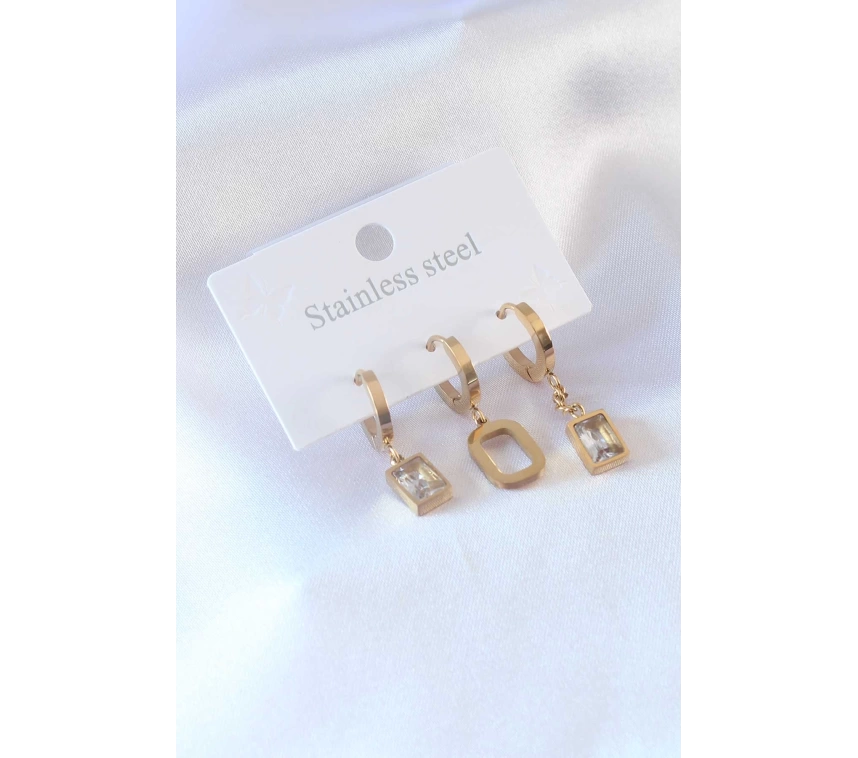 316L Çelik Gold Renk Kare Zirkon Taş Model Kadın Küpe