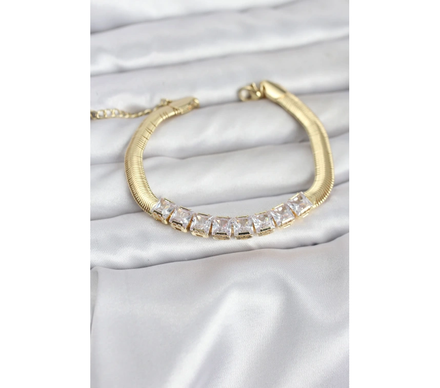316L Çelik Gold Renk Kare Zirkon Taşlı Yılan Zincirli Kadın Bileklik