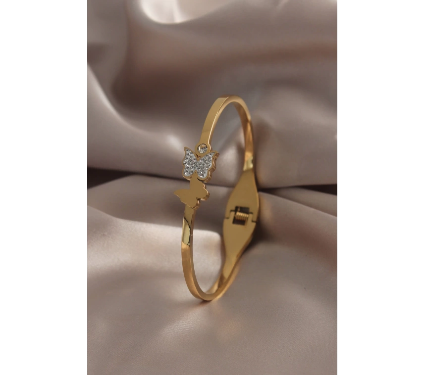 316L Çelik Gold Renk Kelebek Model Zirkon Taşlı Kadın Kelepçe