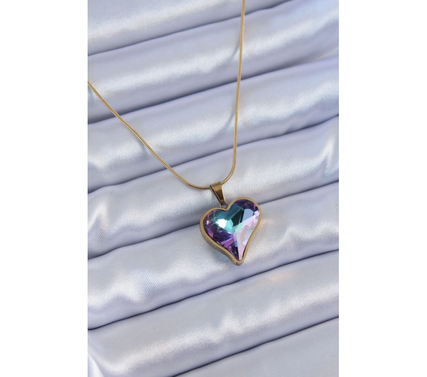 316L Çelik Gold Renk Kristal Taşlı Kalp Model Kadın Kolye