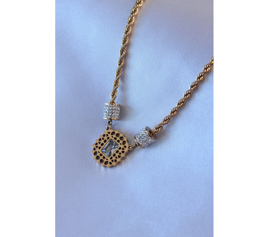 316L Çelik Gold Renk Lotus Model Zirkon Taşlı Burgu Zincir Kadın Kolye