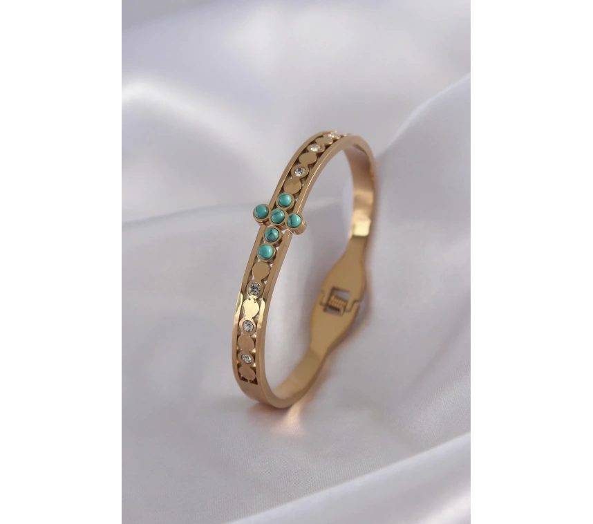 316L Çelik Gold Renk Mavi Boncuk Detay Zirkon Taşlı Kadın Kelepçe
