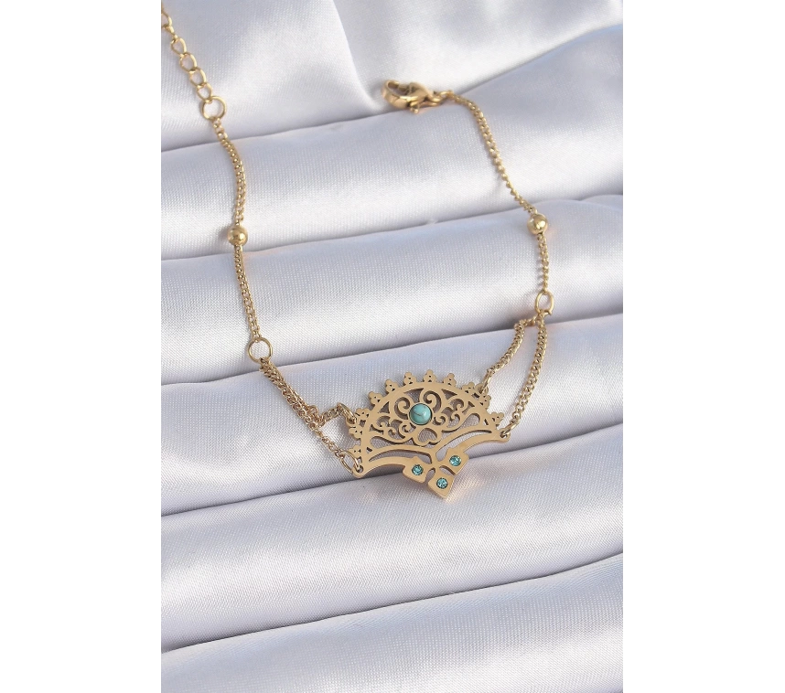 316L Çelik Gold Renk Mavi Taşlı Etnik Desen Kadın Bileklik