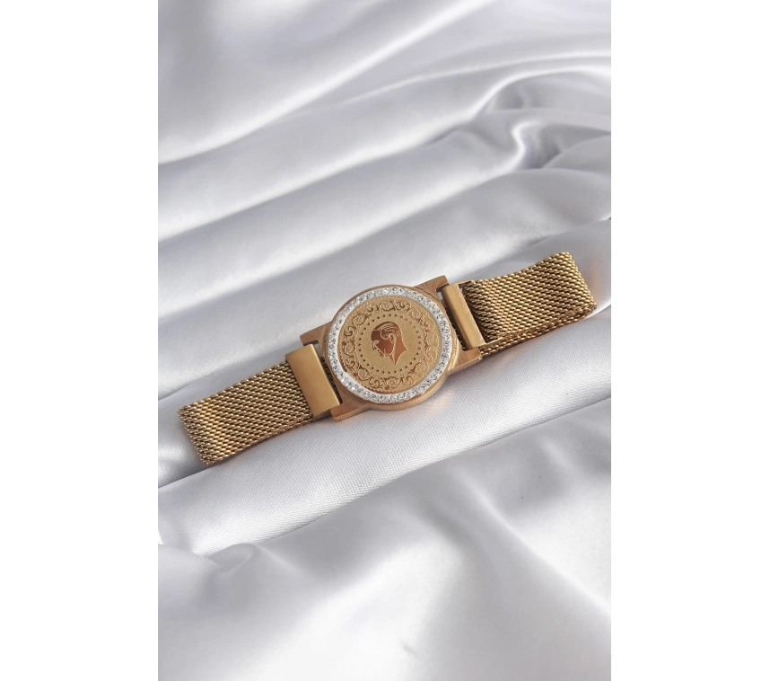316L Çelik Gold Renk Mıknatıslı Hasır Zirkon Taşlı Çeyrek Altın Model Kadın Bileklik