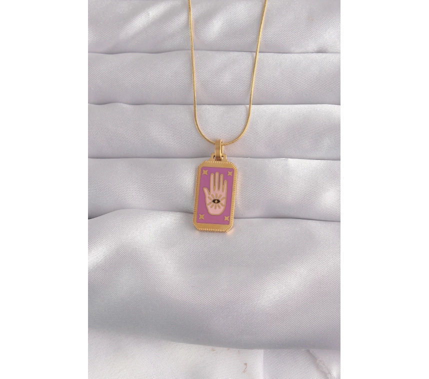 316L Çelik Gold Renk Mor Mineli El Figür Tarot Kolye