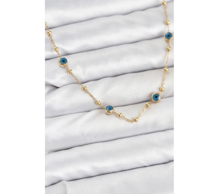 316L Çelik Gold Renk Nazarlı ve Topçuklu Model Kadın Kolye