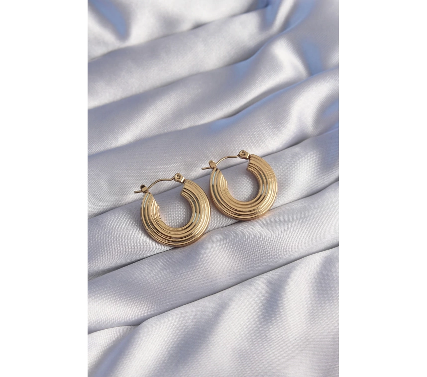 316L Çelik Gold Renk Oval Çizgili Plaka Model Küpe
