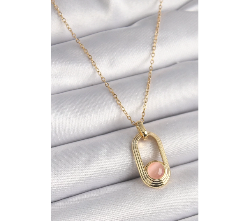 316L Çelik Gold Renk Pembe Kedi Göz Model Kadın Kolye