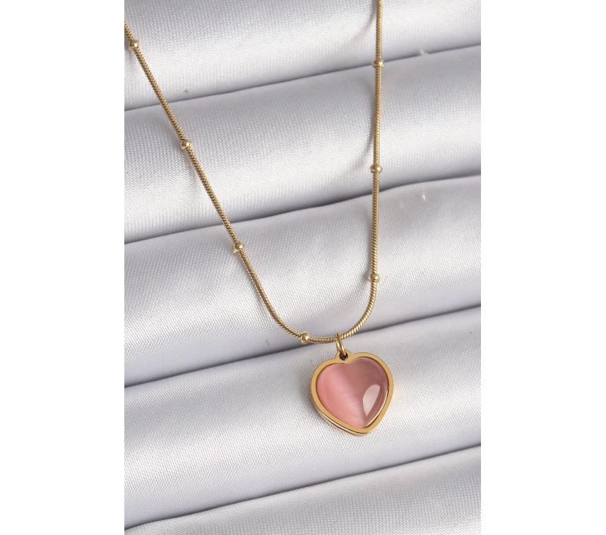 316L Çelik Gold Renk Pembe Kedi Gözü Sedefli Kalp Model Kadın Kolye