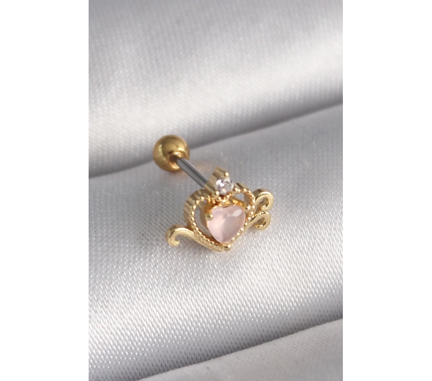 316L Çelik Gold Renk Pembe Mineli Kalp Zirkon Taş Detay Tragus Piercing