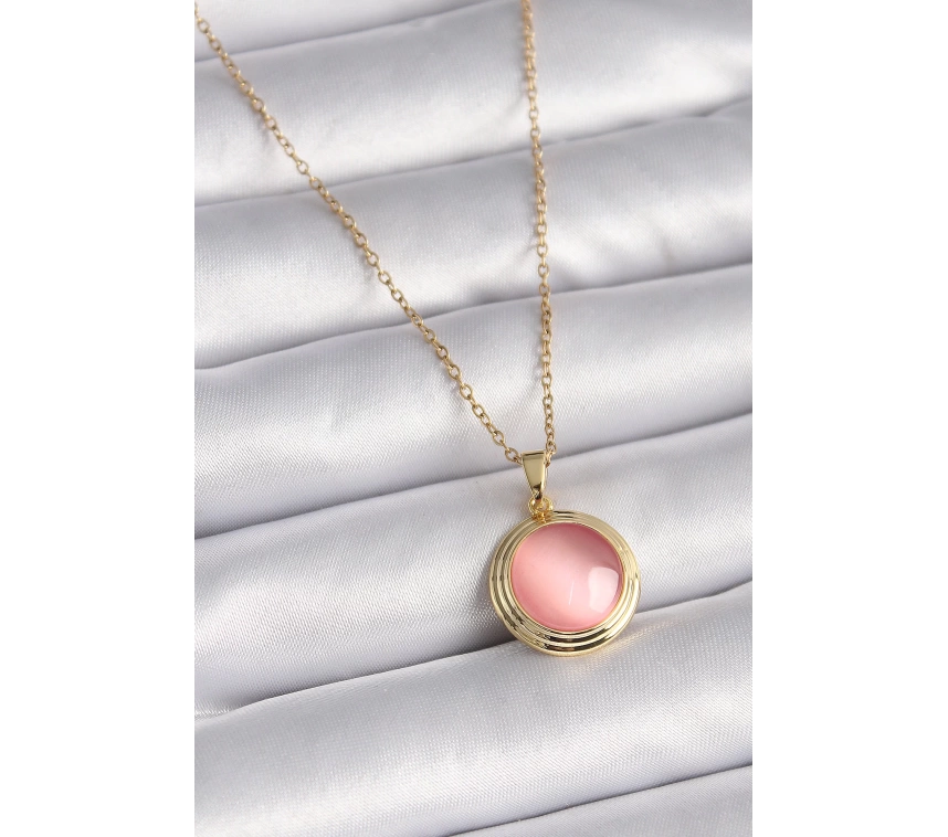 316L Çelik Gold Renk Pembe Sedefli Daire Model Kadın Kolye
