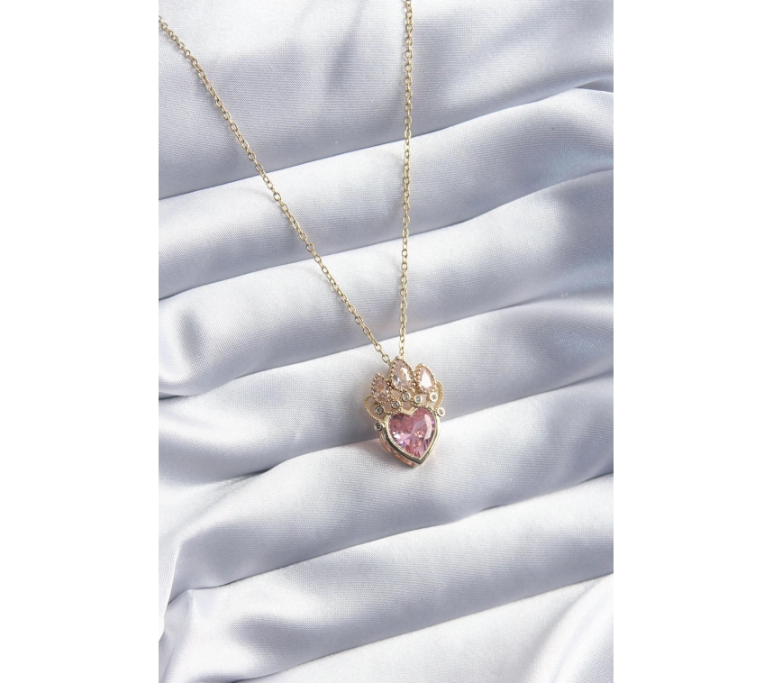 316L Çelik Gold Renk Pembe Zirkon Taşlı Kalp Model Kadın Kolye