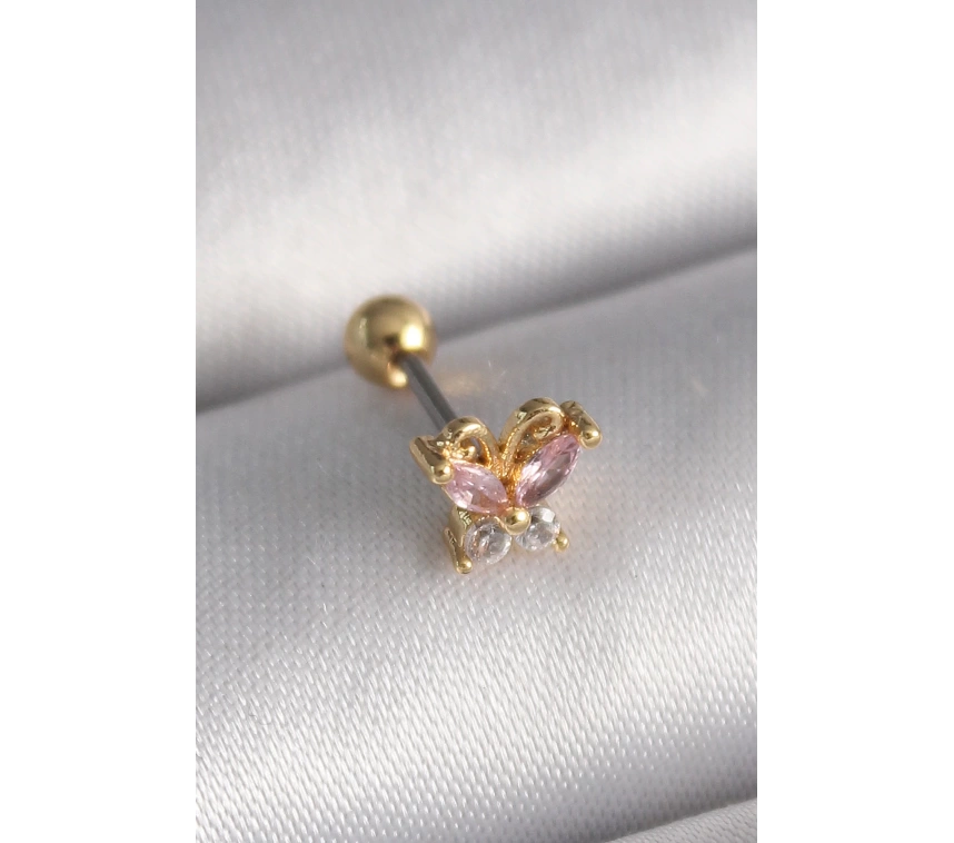 316L Çelik Gold Renk Pembe Zirkon Taşlı Kelebek Tragus Piercing