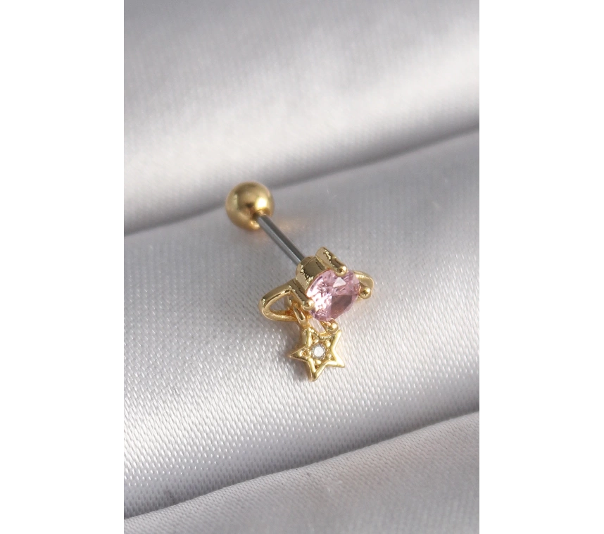 316L Çelik Gold Renk Pembe Zirkon Taşlı Sallantı Yıldız Detay Tragus Piercing