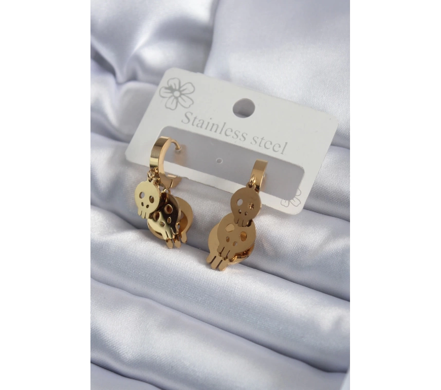 316L Çelik Gold Renk Sallantı Kuru Kafa Model Kadın Küpe