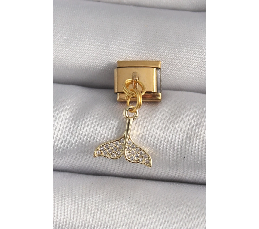 316L Çelik Gold Renk Sallantı Zirkon Taşlı Balık Kuyruğu Figür Nomination Charm