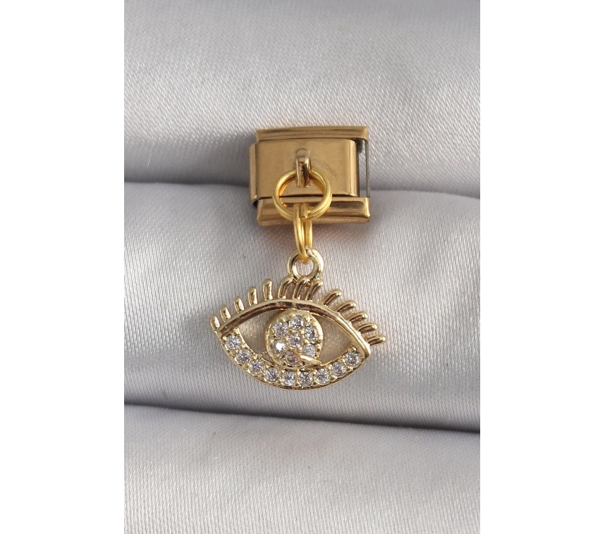 316L Çelik Gold Renk Sallantı Zirkon Taşlı Göz Model Nomination Charm