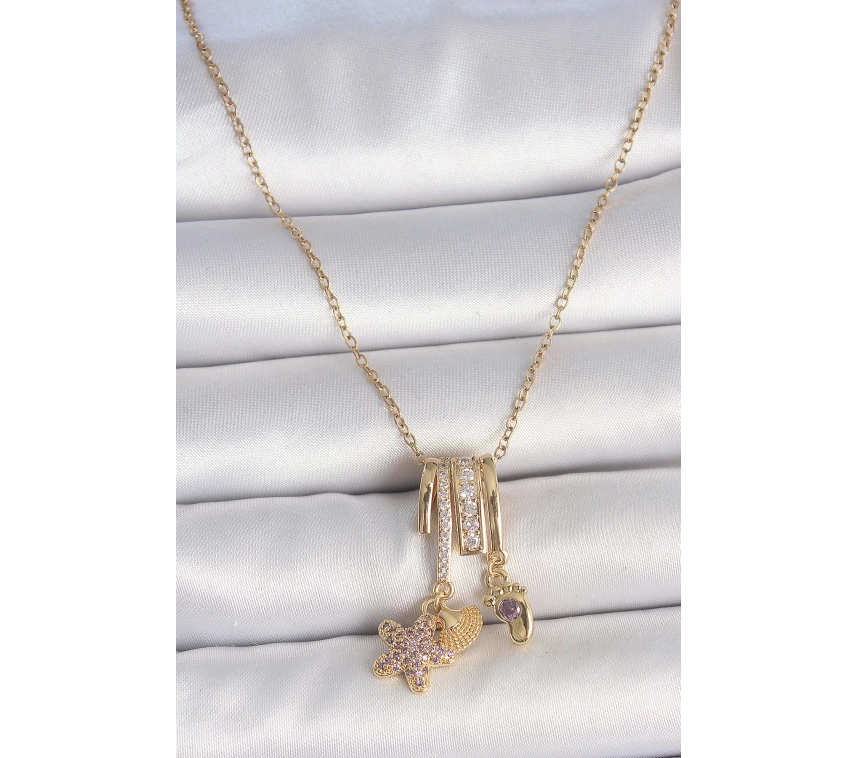 316L Çelik Gold Renk Sallantı Zirkon Taşlı Mor Taşlı Ayıcık Figür Charm Kadın Kolye