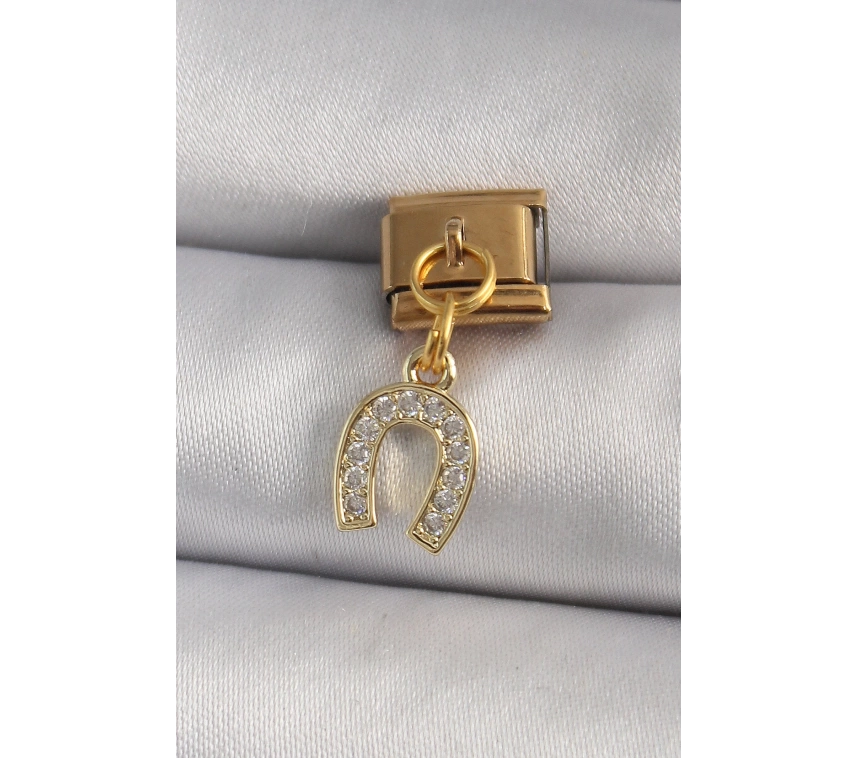 316L Çelik Gold Renk Sallantı Zirkon Taşlı Nal Model Nomination Charm