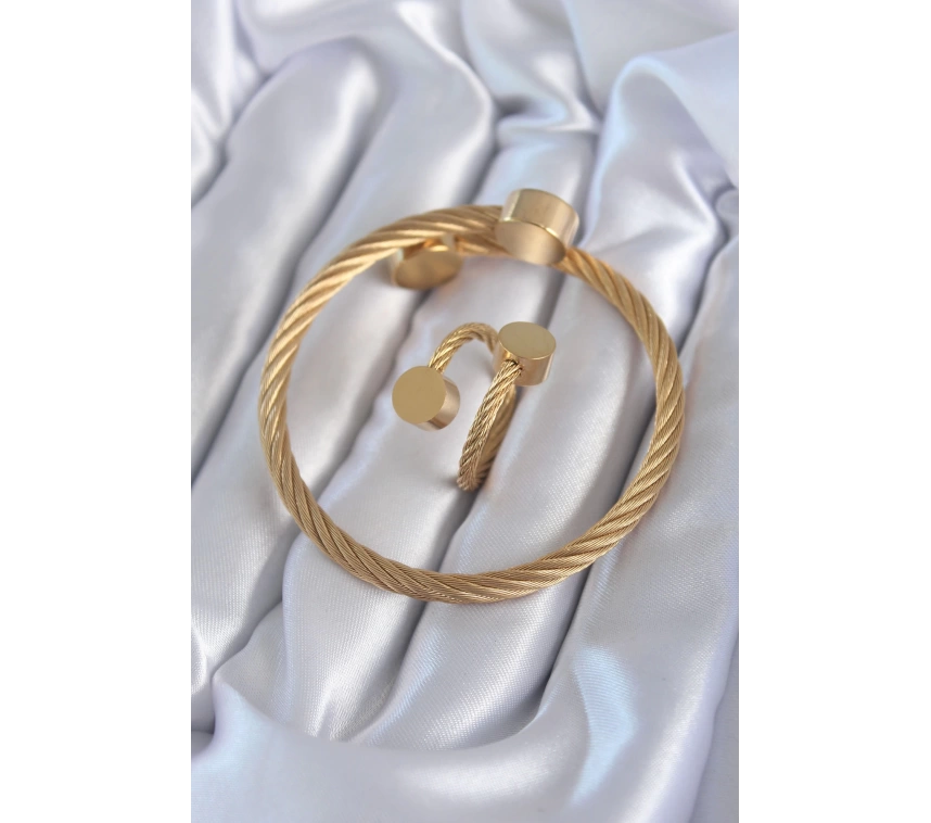 316L Çelik Gold Renk Sarmal Model Erkek Bileklik Yüzük Kombini