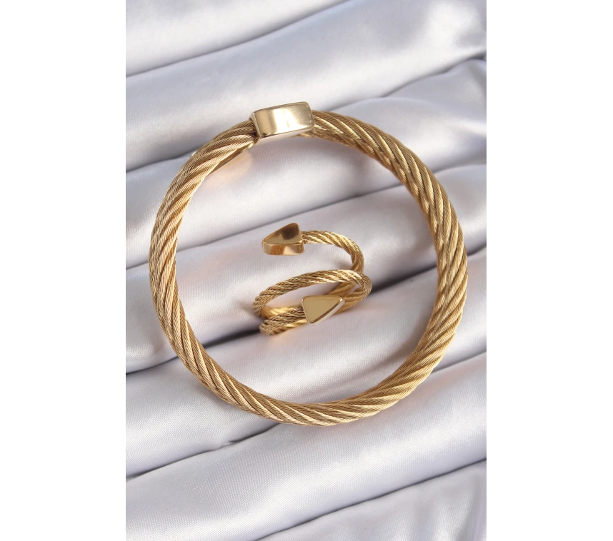 316L Çelik Gold Renk Sarmal Model Erkek Bileklik Yüzük Kombini