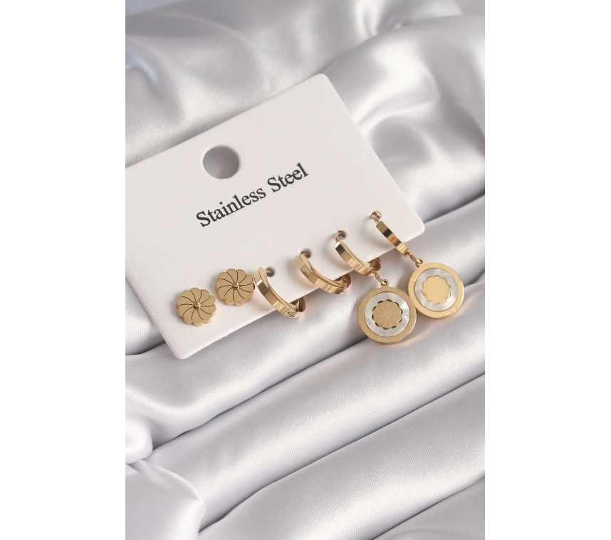 316L Çelik Gold Renk Sedefli Lotus Model Kadın Küpe Seti