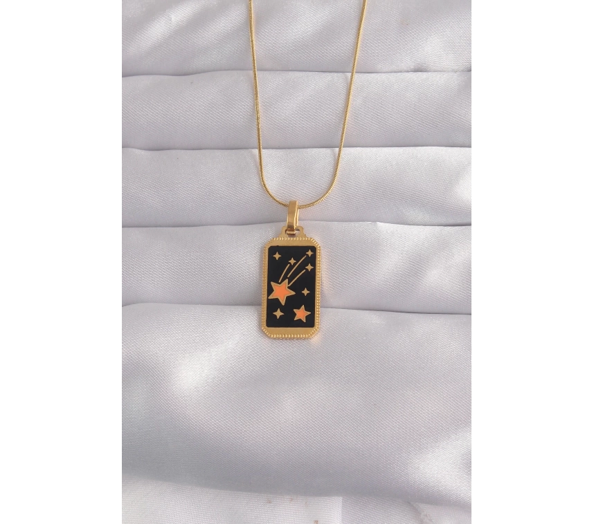 316L Çelik Gold Renk Siyah Mineli Yıldız Figür Tarot Kolye