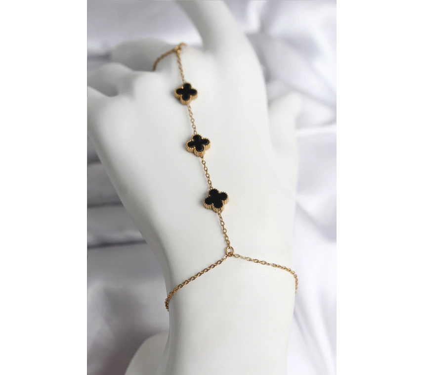 316L Çelik Gold Renk Siyah Yonca Model Kadın Şahmeran