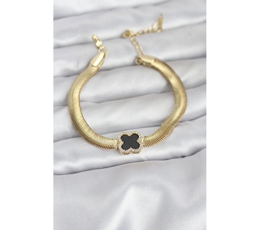 316L Çelik Gold Renk Siyah Yonca Model Zirkon Taşlı Yılan Zincirli Kadın Bileklik