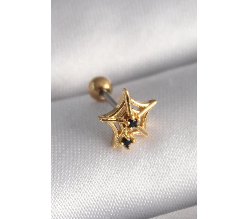 316L Çelik Gold Renk Siyah Zirkon Taş Detay Örümcek Ağ Model Tragus Piercing