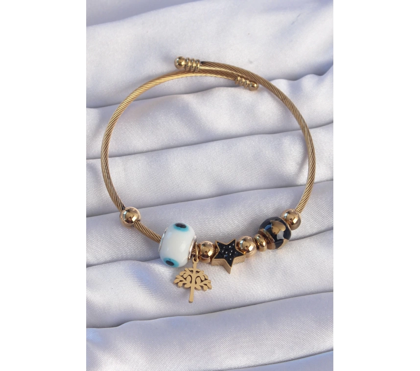 316L Çelik Gold Renk Siyah Zirkon Taşlı Yıldız Tasarımlı Ağaç Detay Nazarlı Charm Bileklik