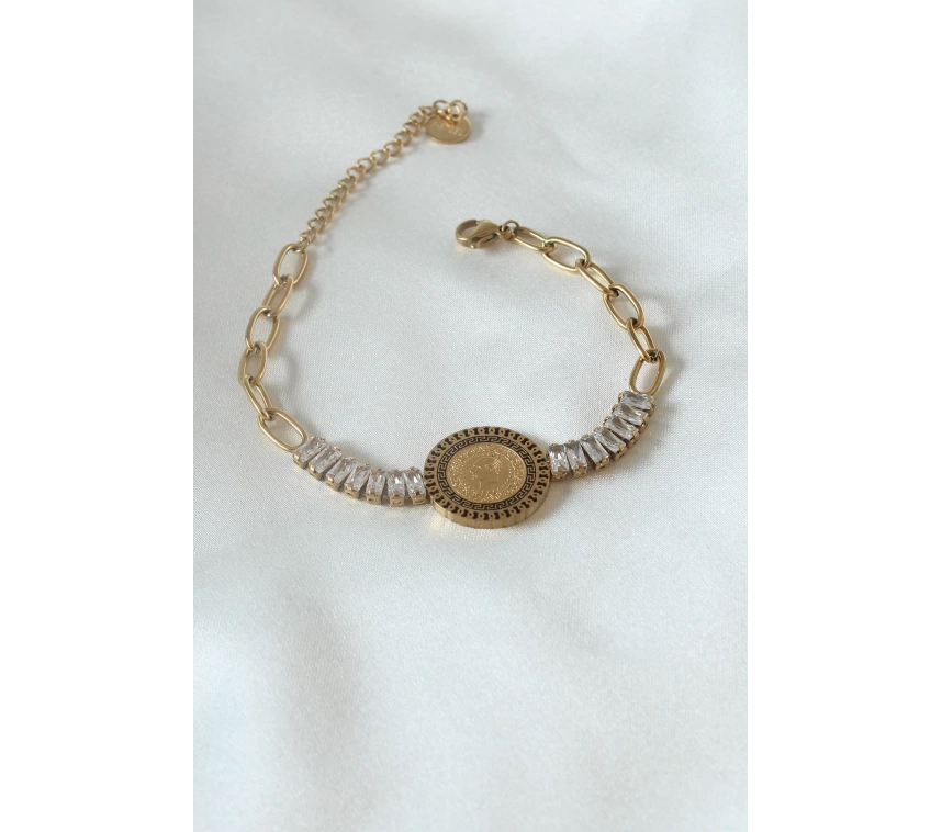 316L Çelik Gold Renk Tam Altın Modelli Zirkon Taşlı Kadın Bileklik