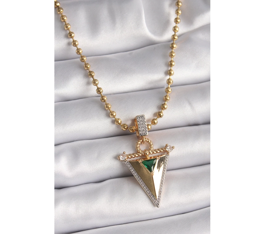 316L Çelik Gold Renk Topçuk Zincir Zirkon Taşlı 3D Üçgen Model Kadın Kolye