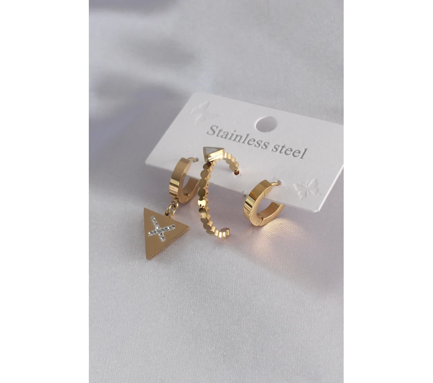 316L Çelik Gold Renk Üçgen Model Zirkon Taşlı Kadın Küpe Kombini