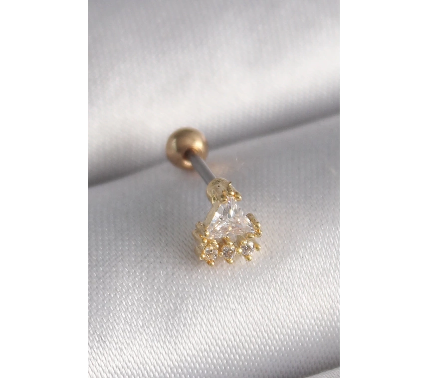 316L Çelik Gold Renk Üçgen Zirkon Taşlı Tragus Piercing