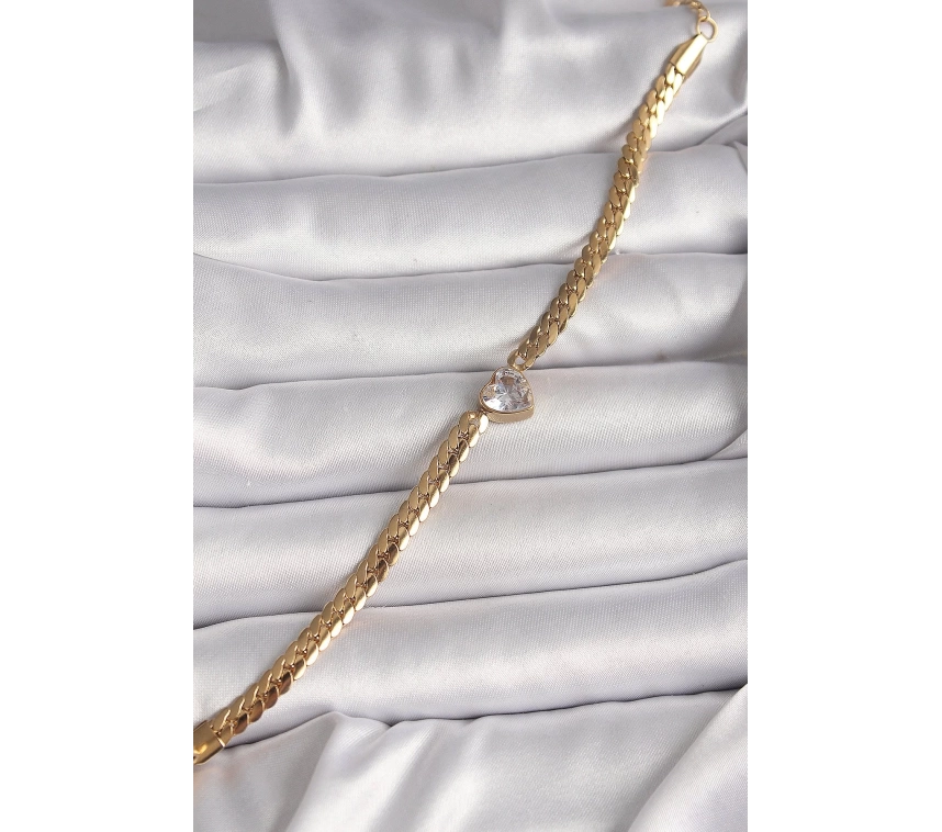 316L Çelik Gold Renk Yassı Zincir Model Zirkon Taşlı Kalp Figür Kadın Bileklik