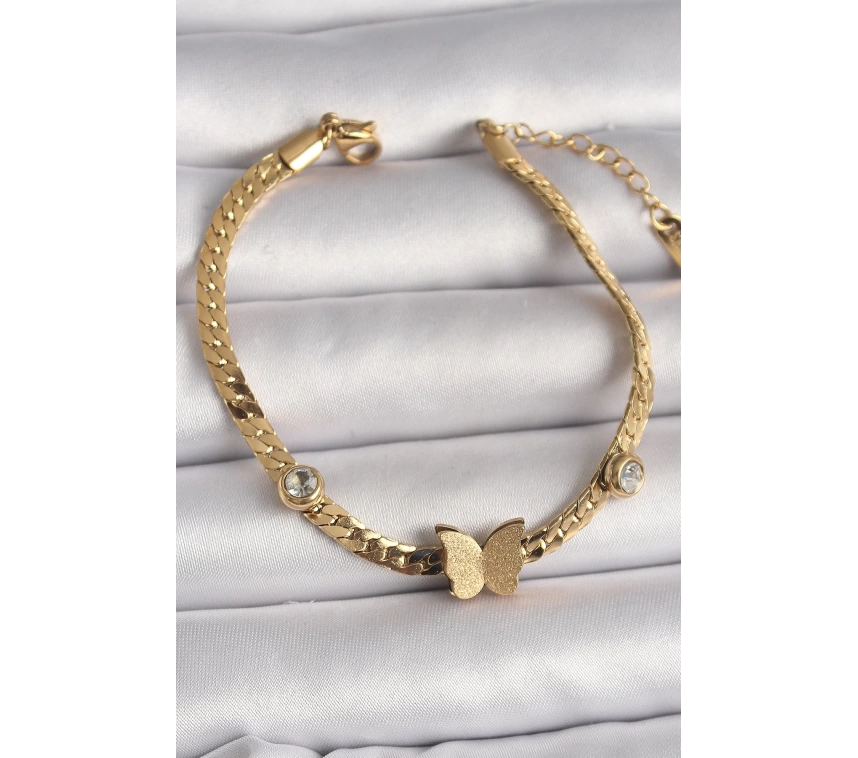 316L Çelik Gold Renk Yassı Zincir Zirkon Taşlı Simli Kelebek Figür Kadın Bileklik