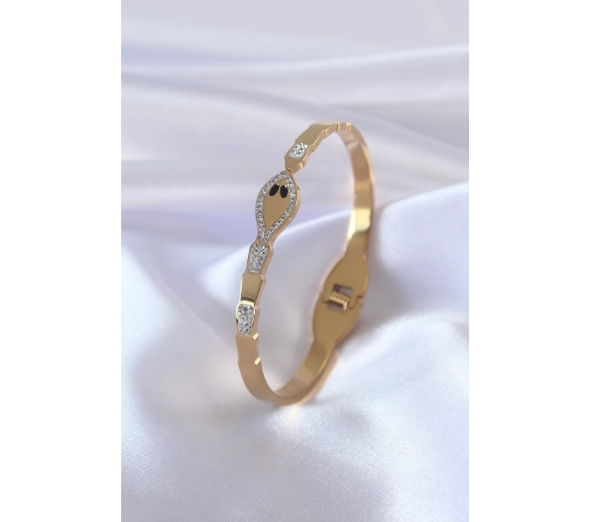 316L Çelik Gold Renk Yılan Model Zirkon Taş Detay Kadın Kelepçe