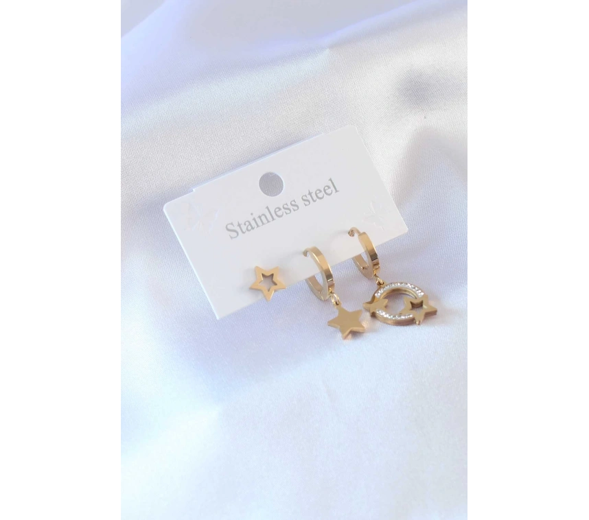 316L Çelik Gold Renk Yıldız Model Zirkon Taşlı Kadın Küpe