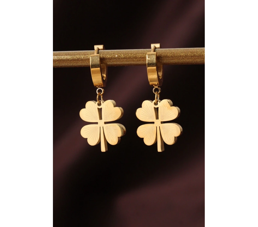 316L Çelik Gold Renk Yonca Küpe