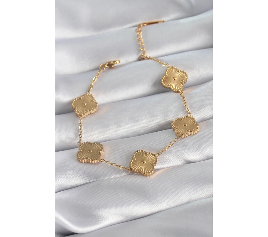 316L Çelik Gold Renk Yonca Model İşleme Detay Kadın Bileklik