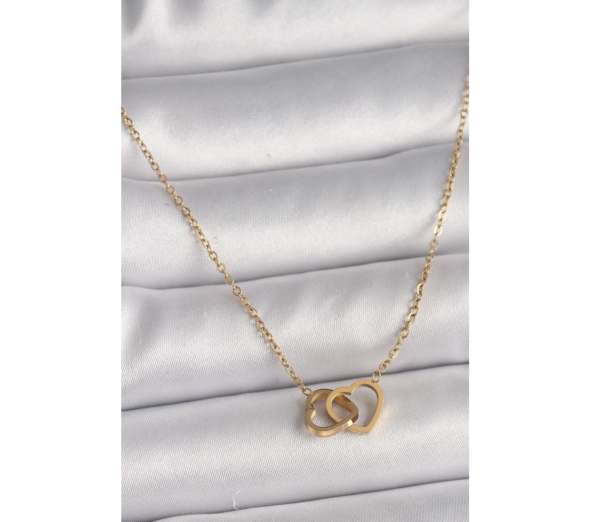 316L Çelik Gold Renk Zincir Birleşik Kalp Model Kadın Kolye