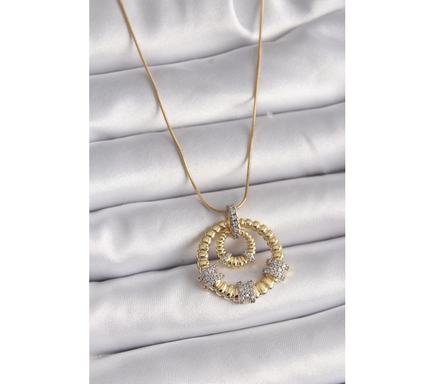 316L Çelik Gold Renk Zincir Gümüş Zirkon Taşlı Madalyon Model Kadın Kolye